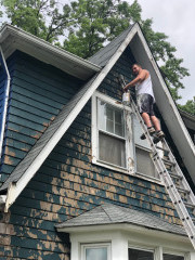 Our team carefully follows proper painting procedures, including scraping old paint that is peeling, to ensure the highest quality paint adhesion for long lasting results. Final paint color is in the above picture of the painting crew